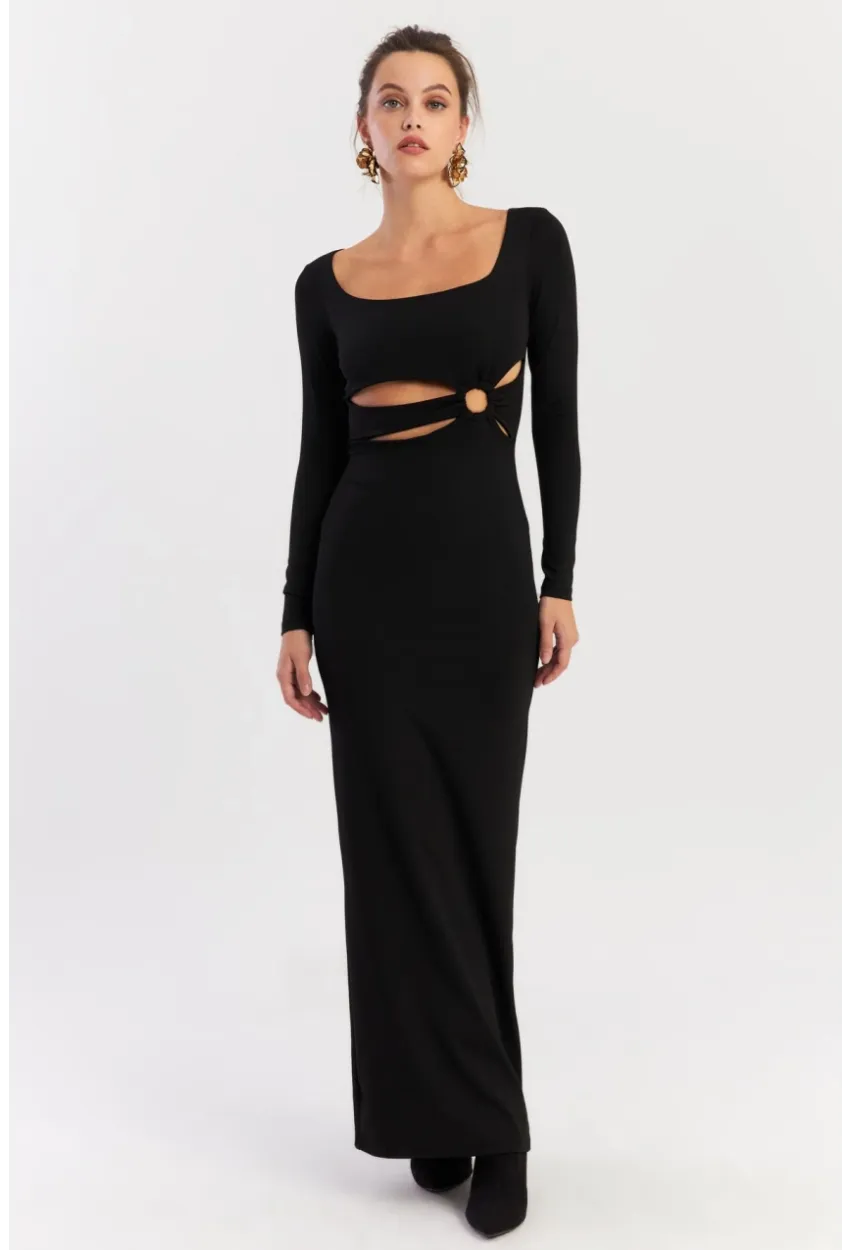 Kadın Siyah Önü Halkalı Maxi Yılbaşı Elbise DCF089