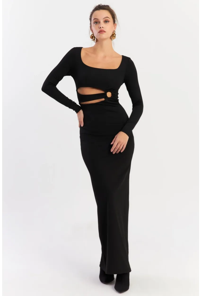 Kadın Siyah Önü Halkalı Maxi Yılbaşı Elbise DCF089