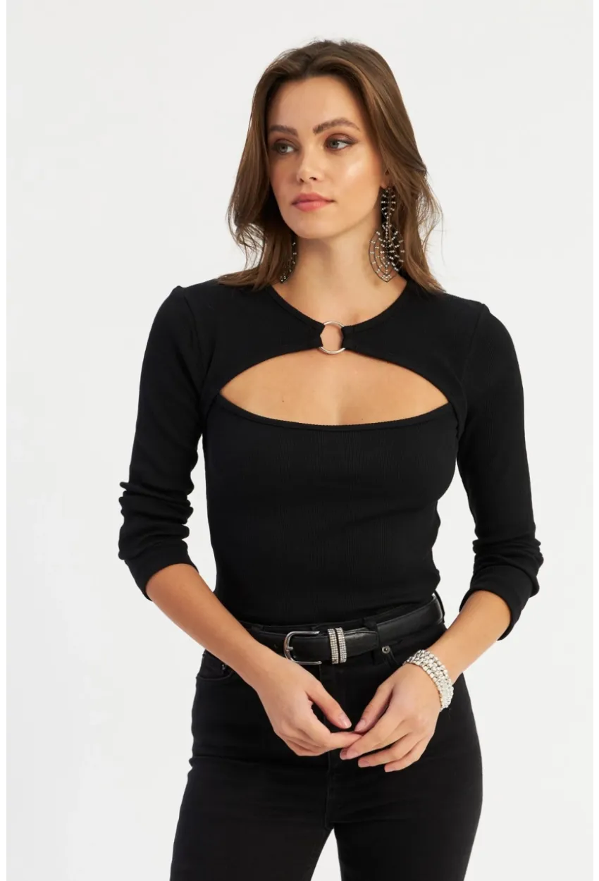 Kadın Siyah Önü Halkalı Pencereli Kaşkorse Bluz AYD382