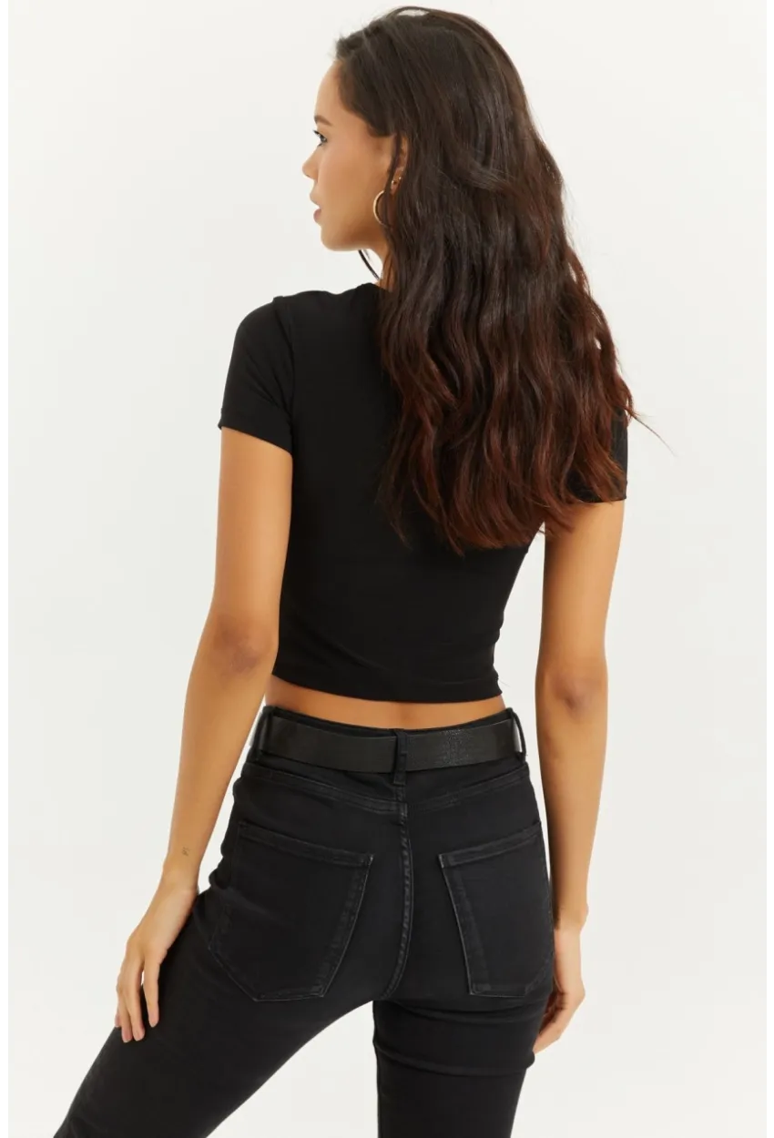 Kadın Siyah Önü Pencereli Crop Bluz ELT2670