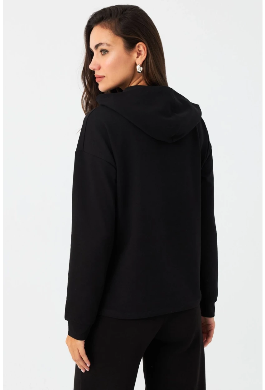 Kadın Siyah Önü Pencereli Kapüşonlu Sweatshirt TF38
