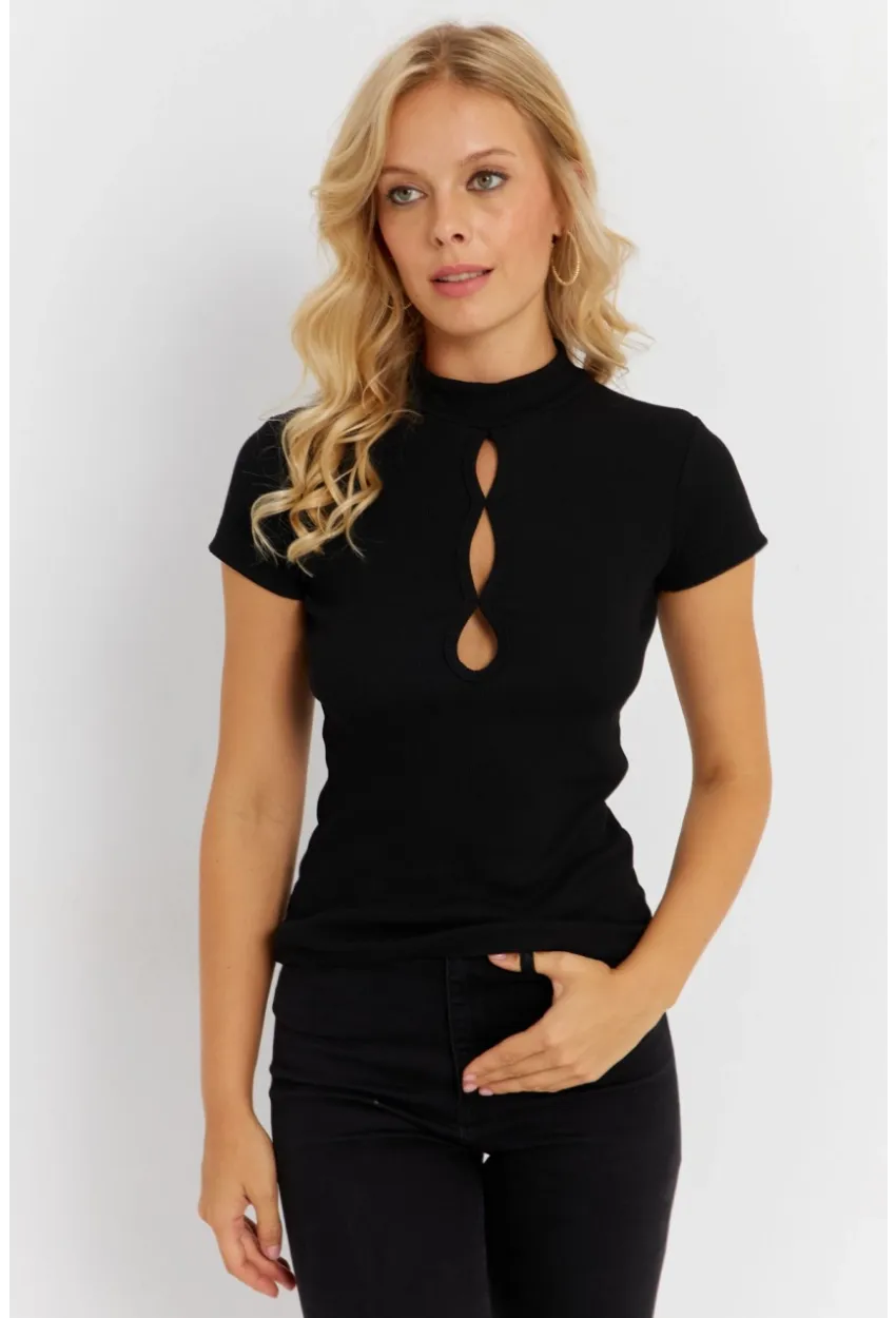 Kadın Siyah Önü Pencereli Kaşkorse Bluz EY2887