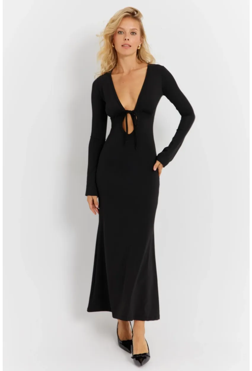 Kadın Siyah Önü Pencereli Midi Elbise EY2859