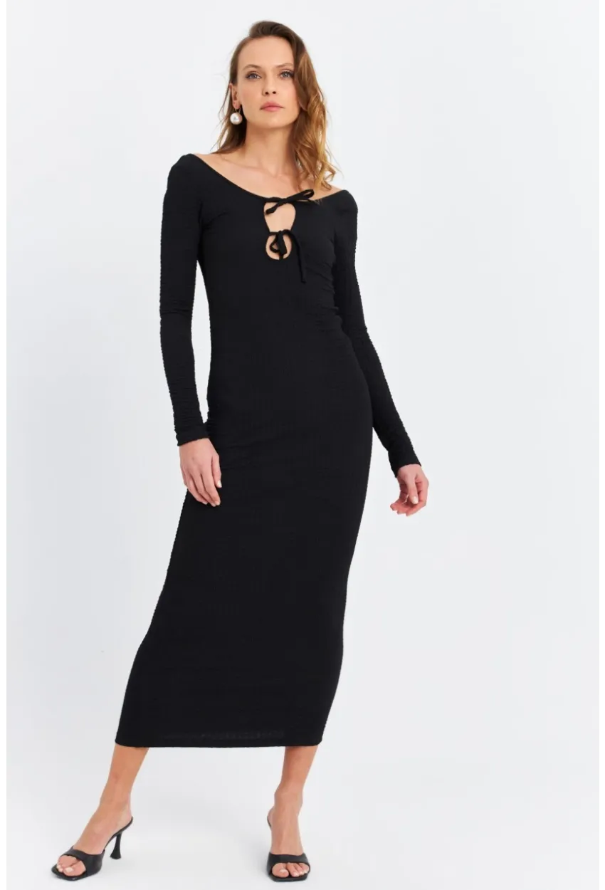 Kadın Siyah Önü Pencereli Midi  Elbise ZH09