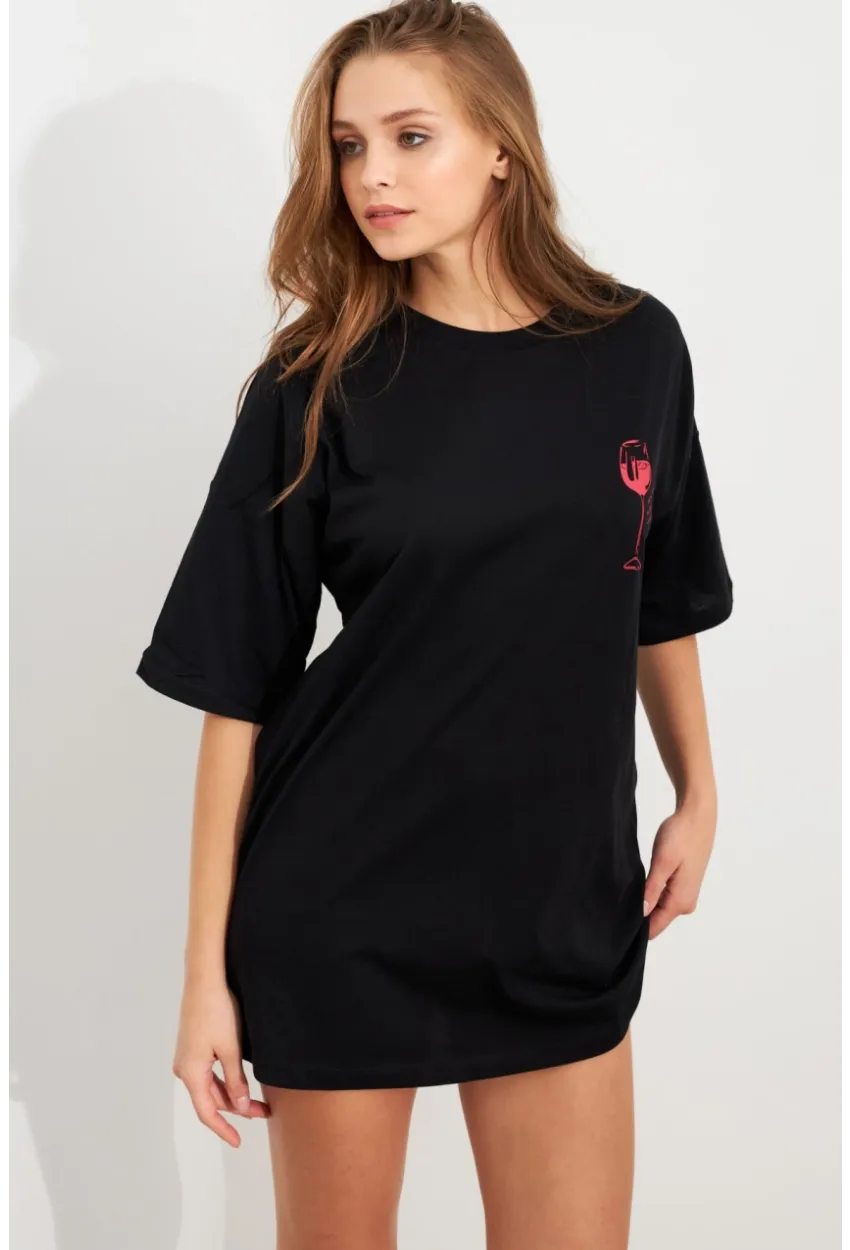Kadın Siyah Oversize Pijama T-Shirt TPG14