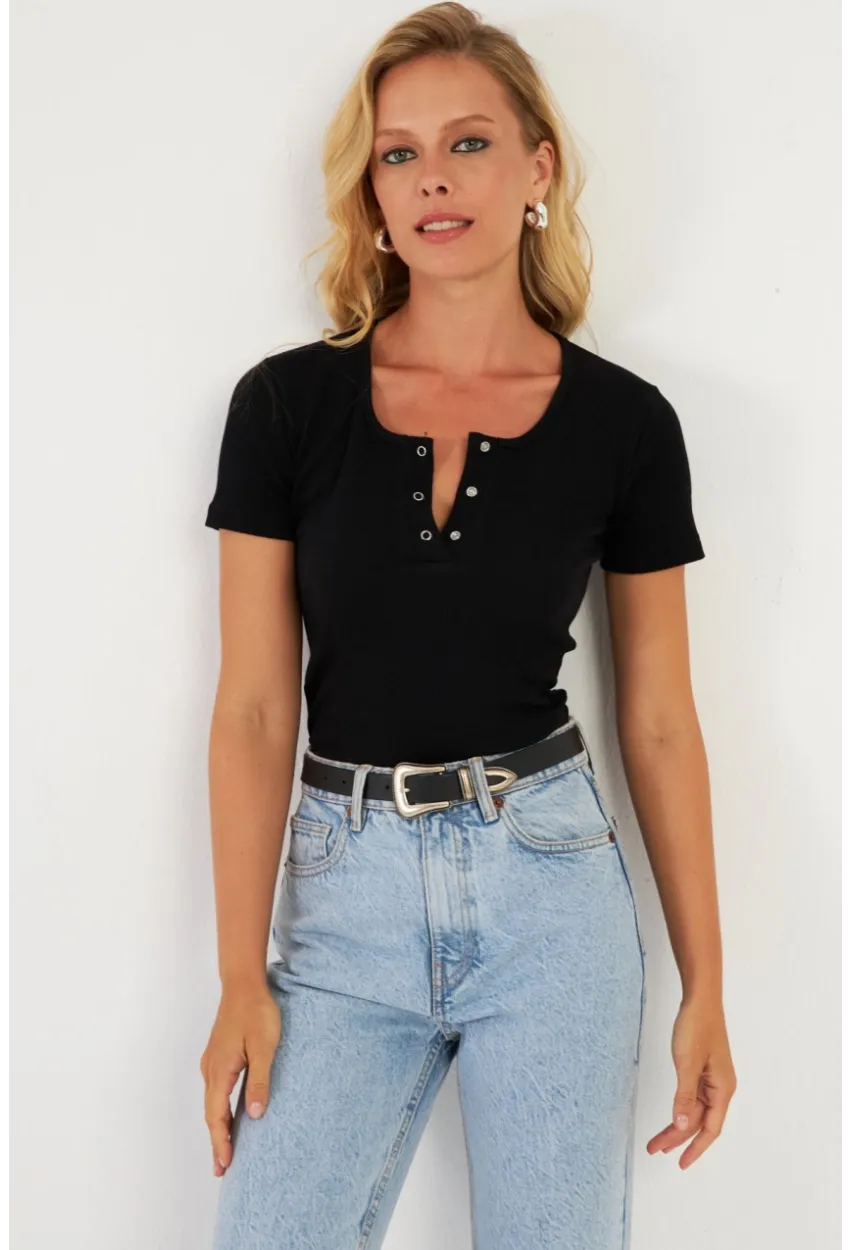 Kadın Siyah Patlı Kaşkorse Bluz XL2021