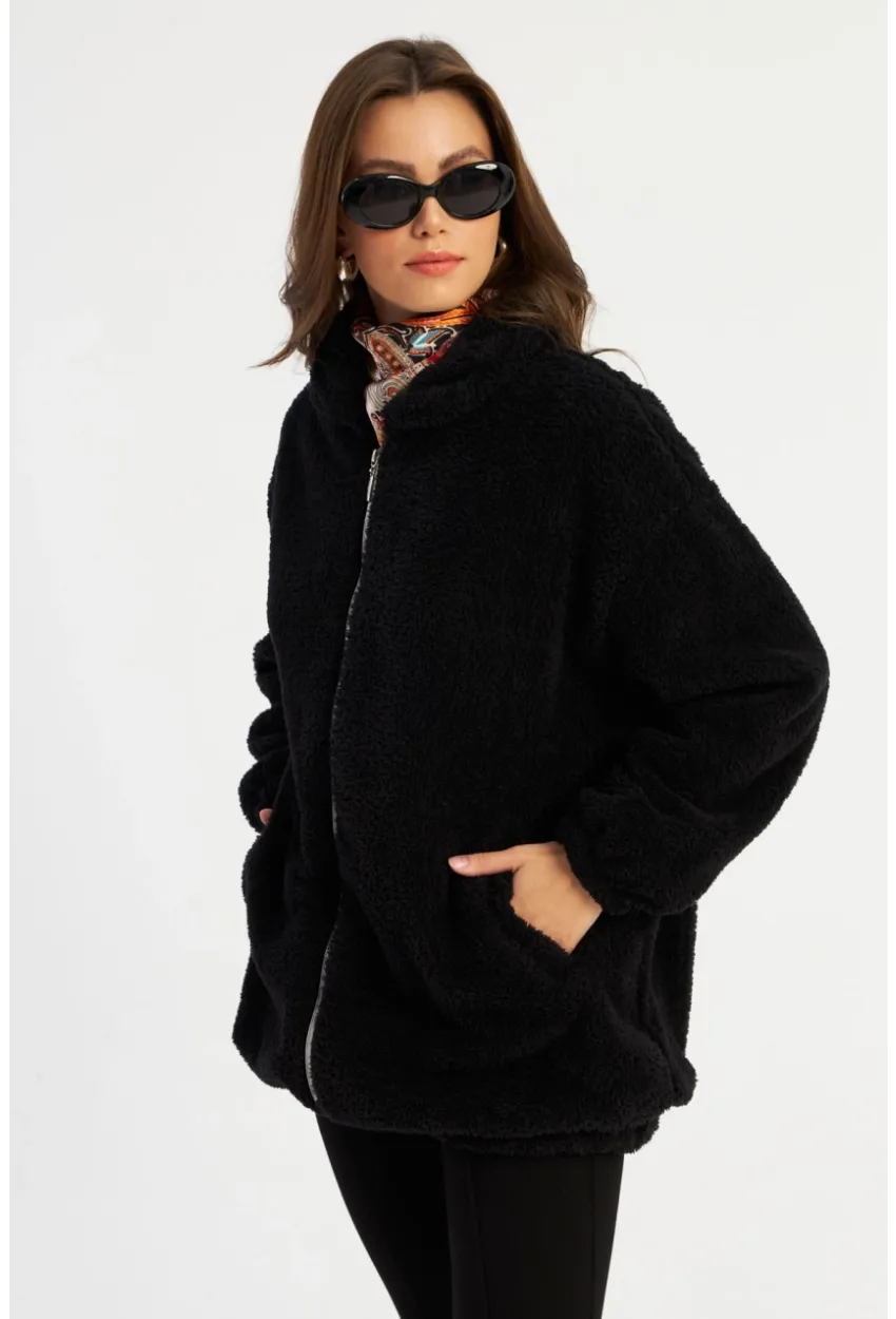 Kadın Siyah Peluş Mont MLYT58