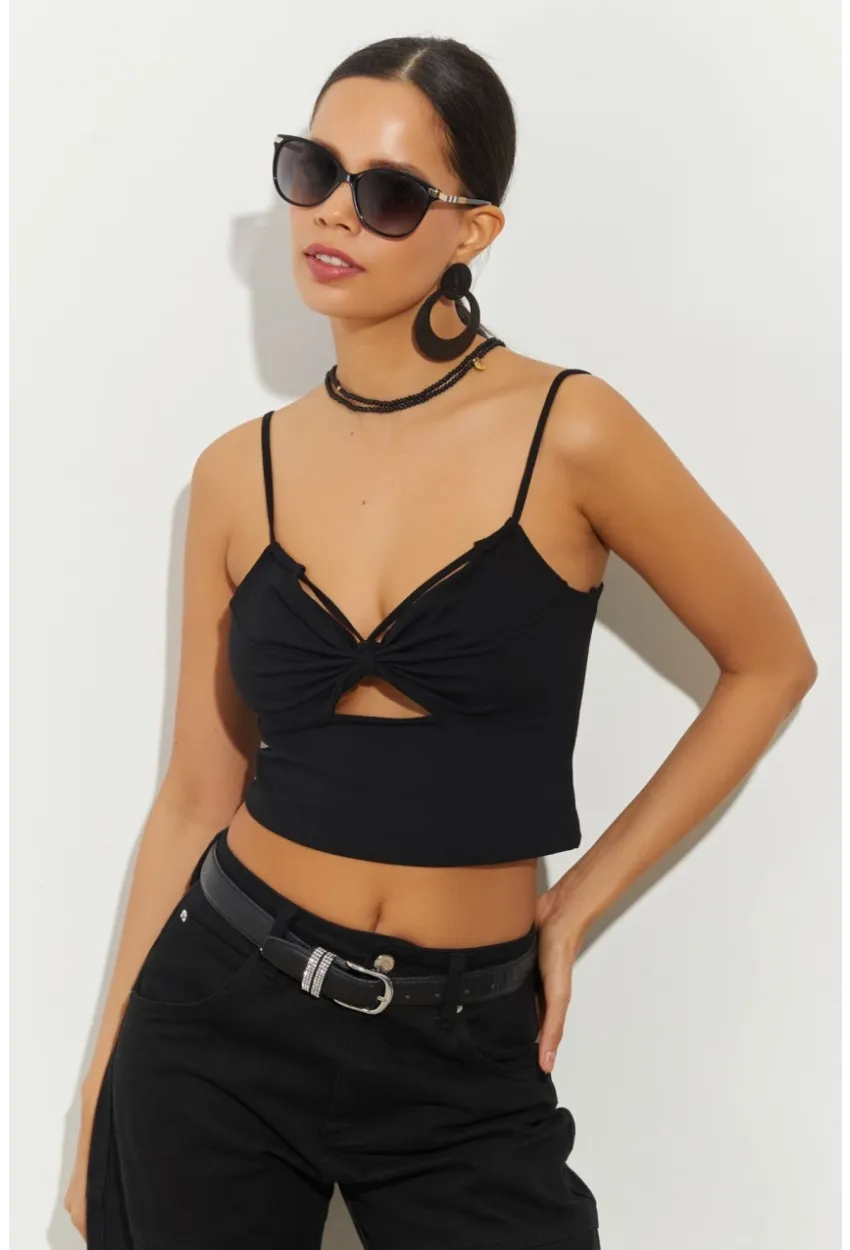 Kadın Siyah Pencereli Crop Bluz B2441