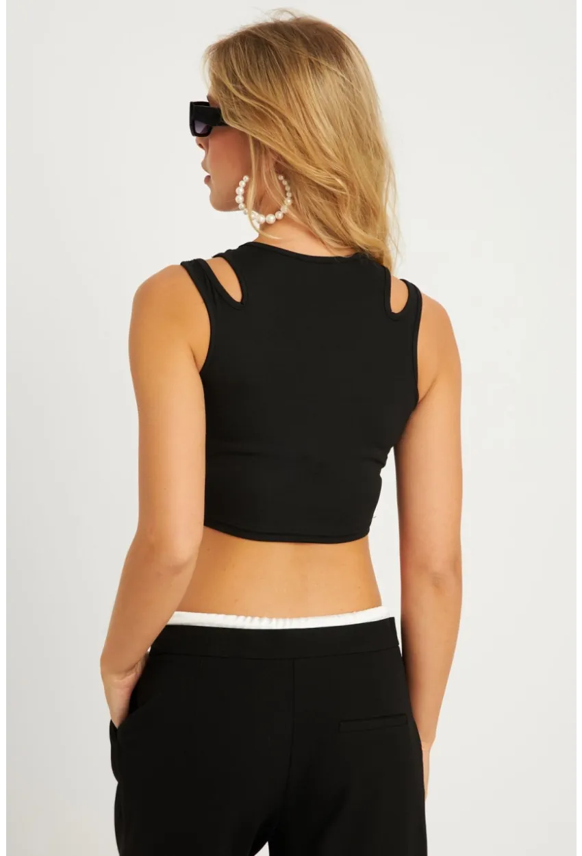 Kadın Siyah Pencereli Crop Bluz CG356