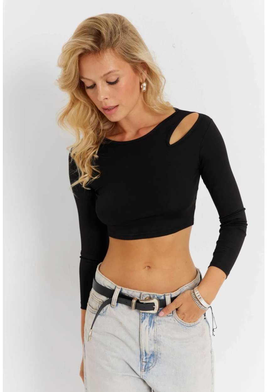 Kadın Siyah Pencereli Crop Bluz CG363