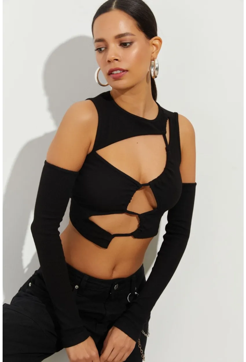 Kadın Siyah Pencereli Kaşkorse Crop Bluz B2403
