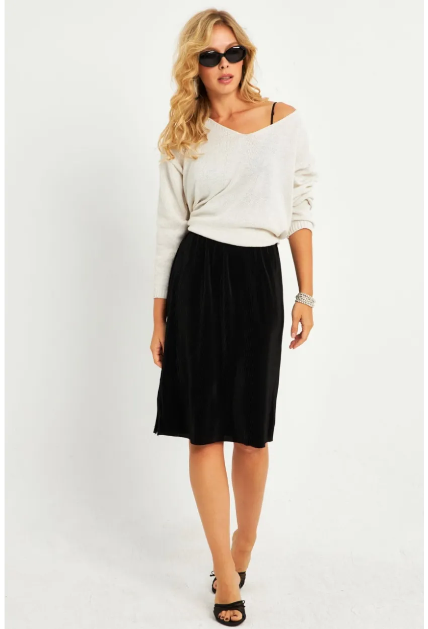 Kadın Siyah Pileli Beli Lastikli Etek TF06