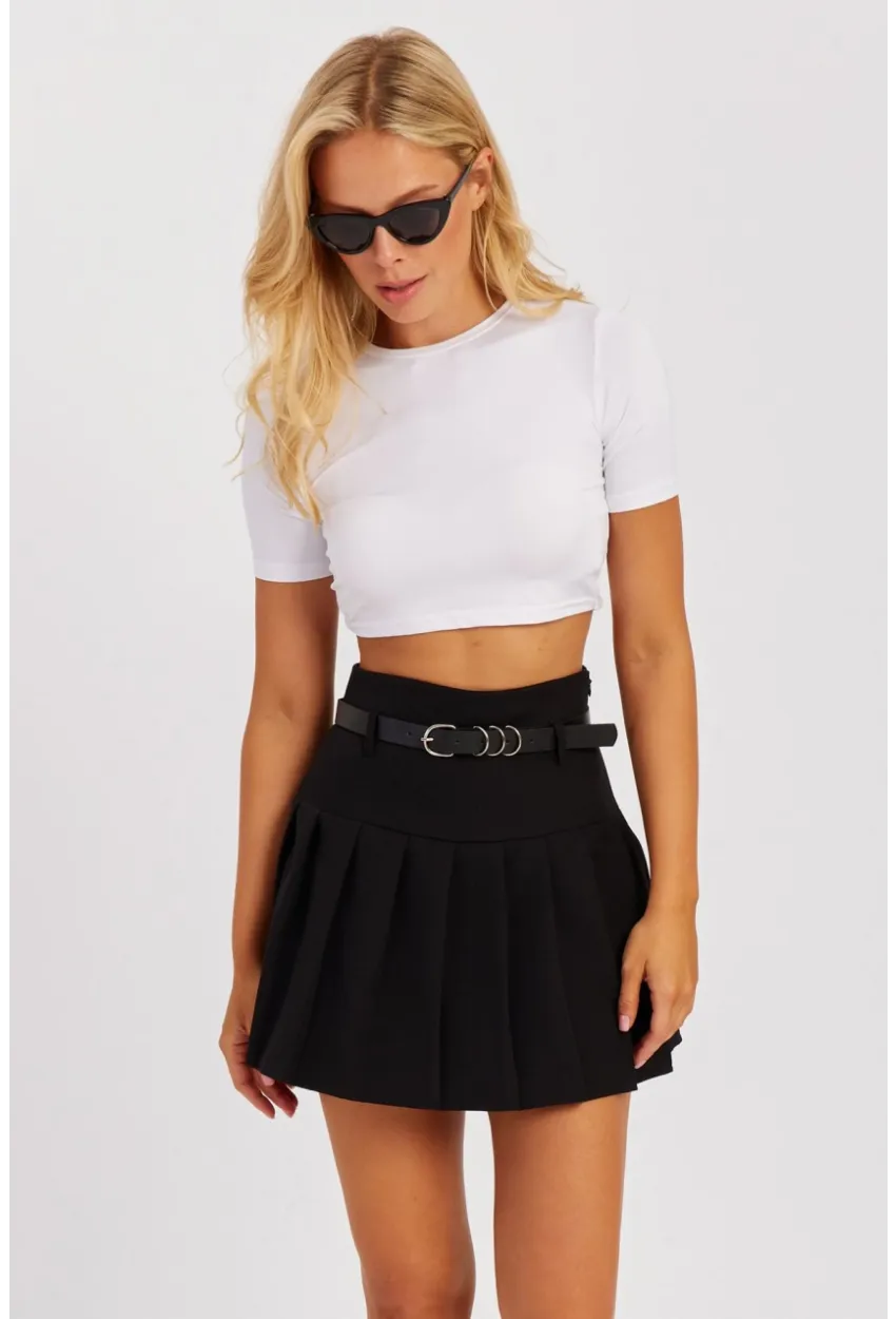 Kadın Siyah Pilise Kemerli Mini Etek SGT402
