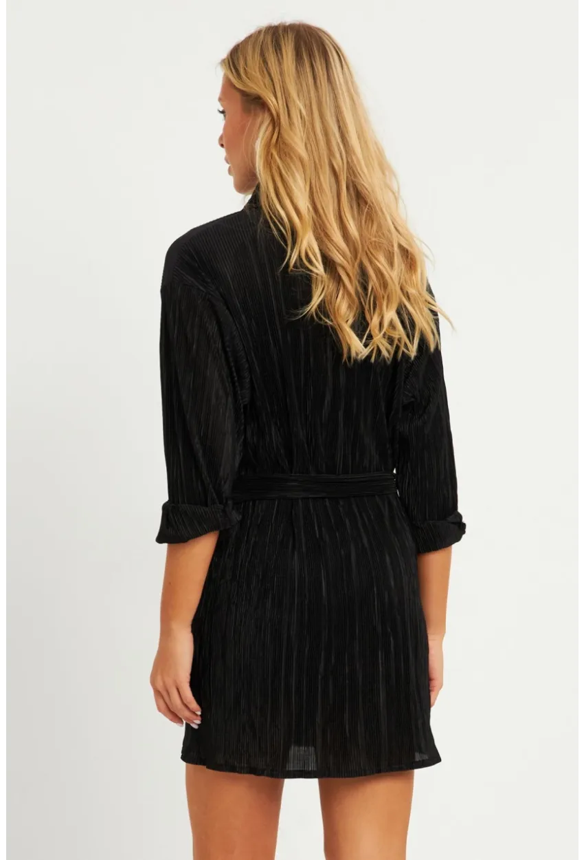 Kadın Siyah Piliseli Kemerli Mini Elbise TW70124-90