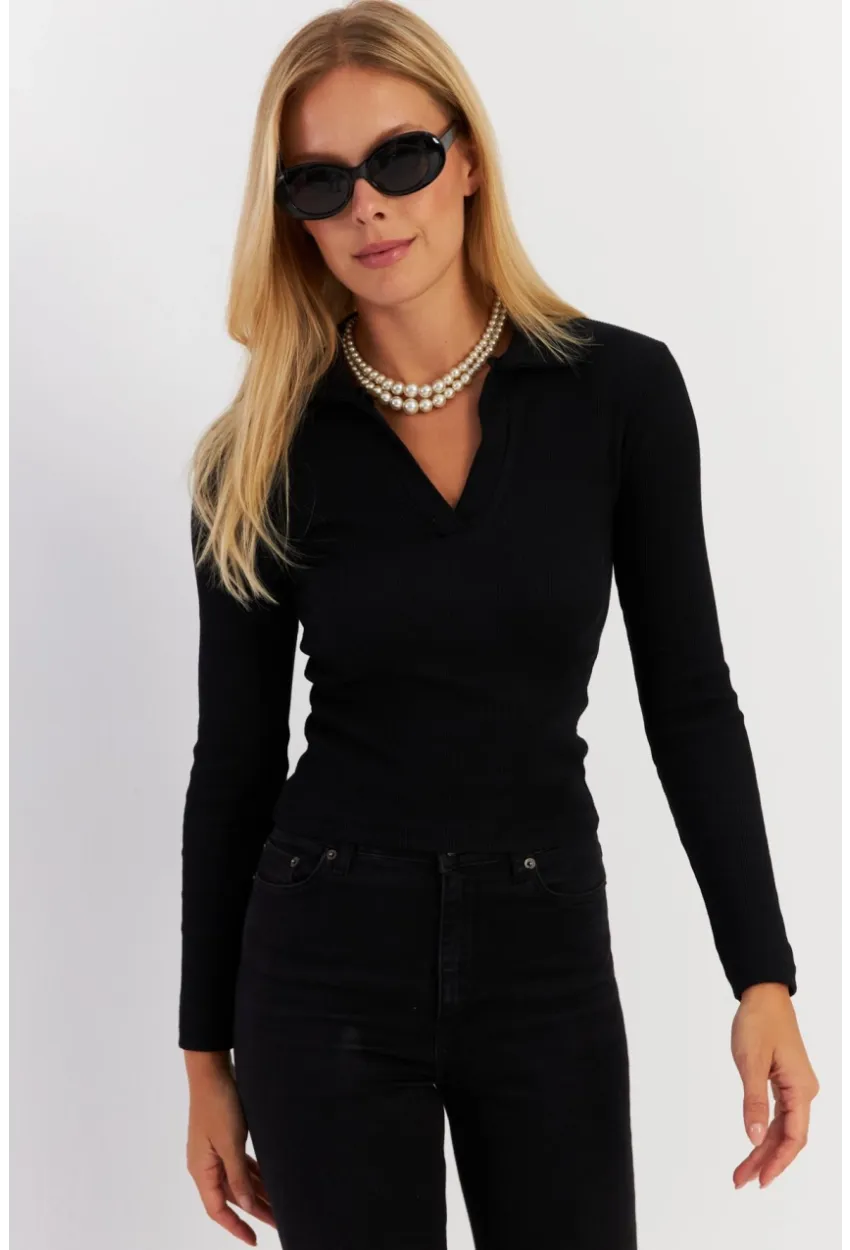 Kadın Siyah Polo Yaka Kaşkorse Bluz LON3006