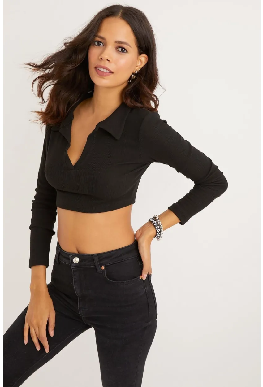 Kadın Siyah Polo Yaka Kaşkorse Crop Bluz Yİ2347