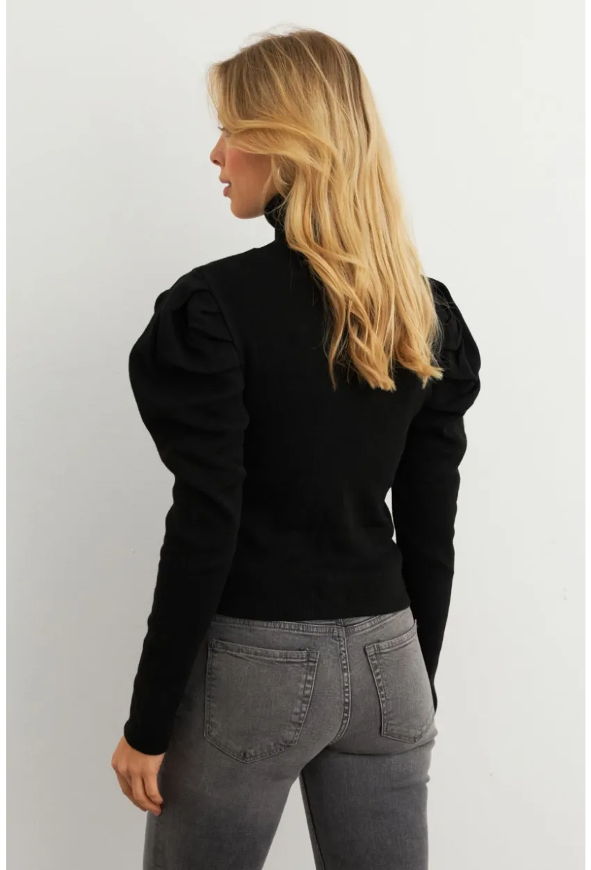 Kadın Siyah Prenses Kol Balıkçı Yaka Triko Bluz SF2555
