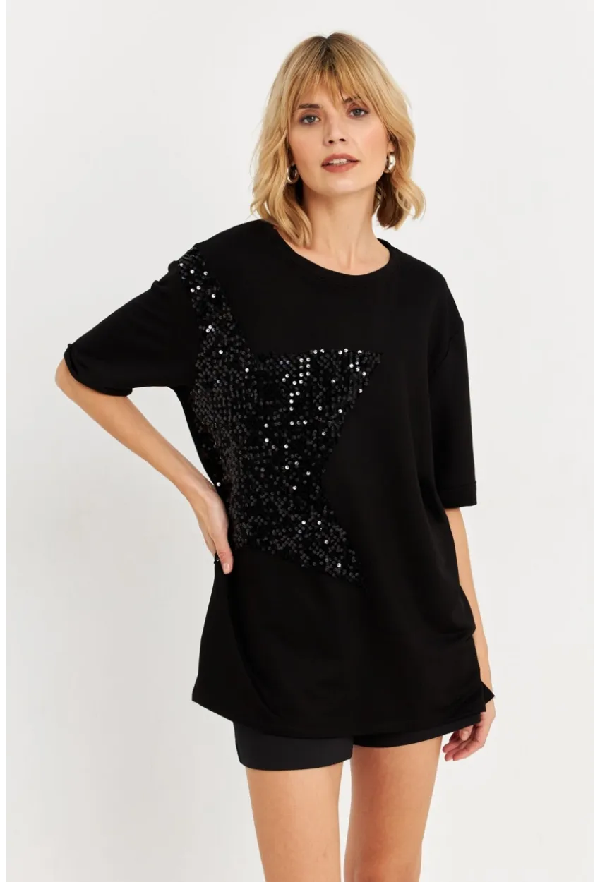 Kadın Siyah Pul Detaylı Tunik ST190