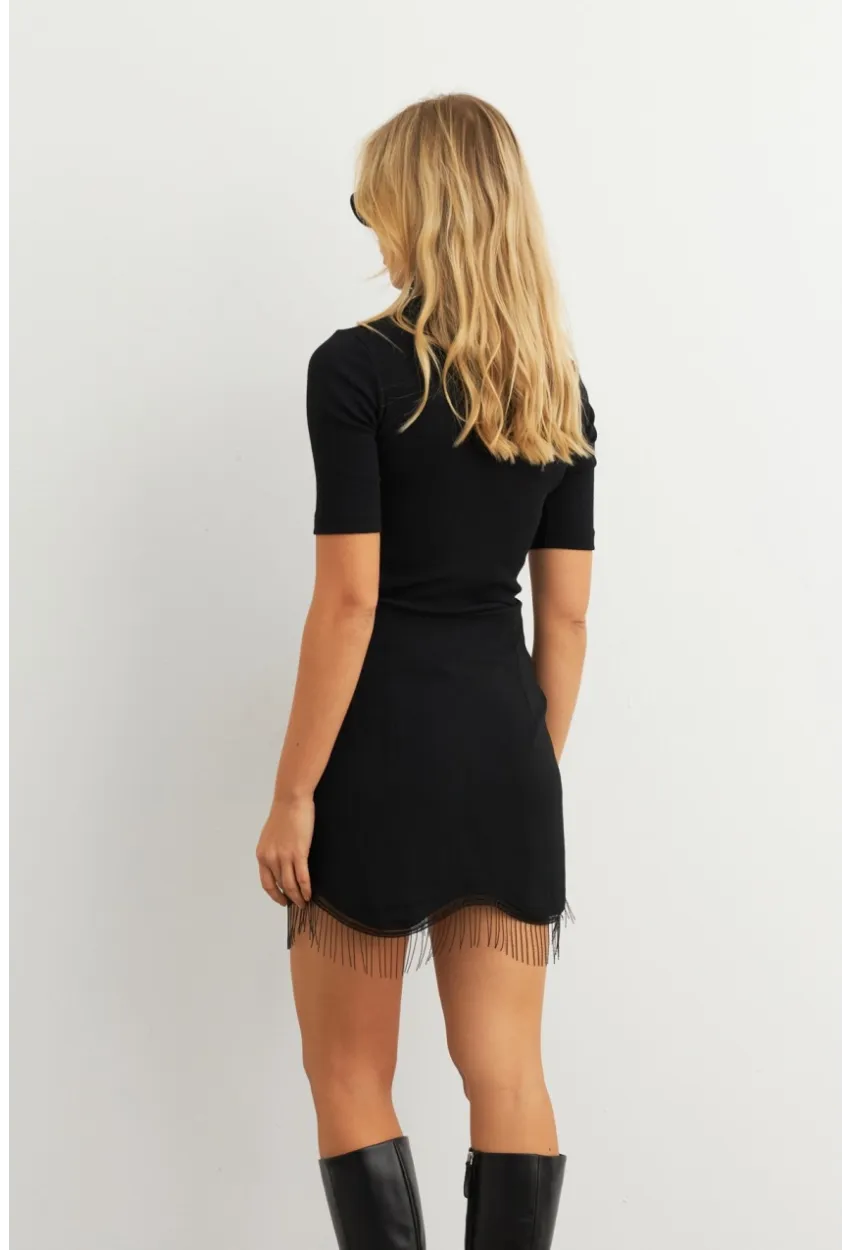 Kadın Siyah Püskül Detaylı Mini Etek KED24013
