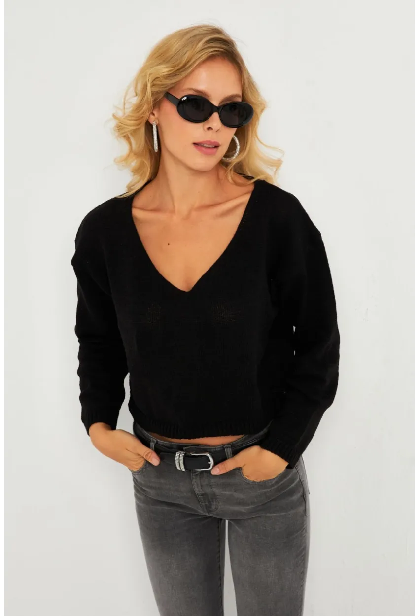 Kadın Siyah Salaş Kısa Triko Bluz YV281