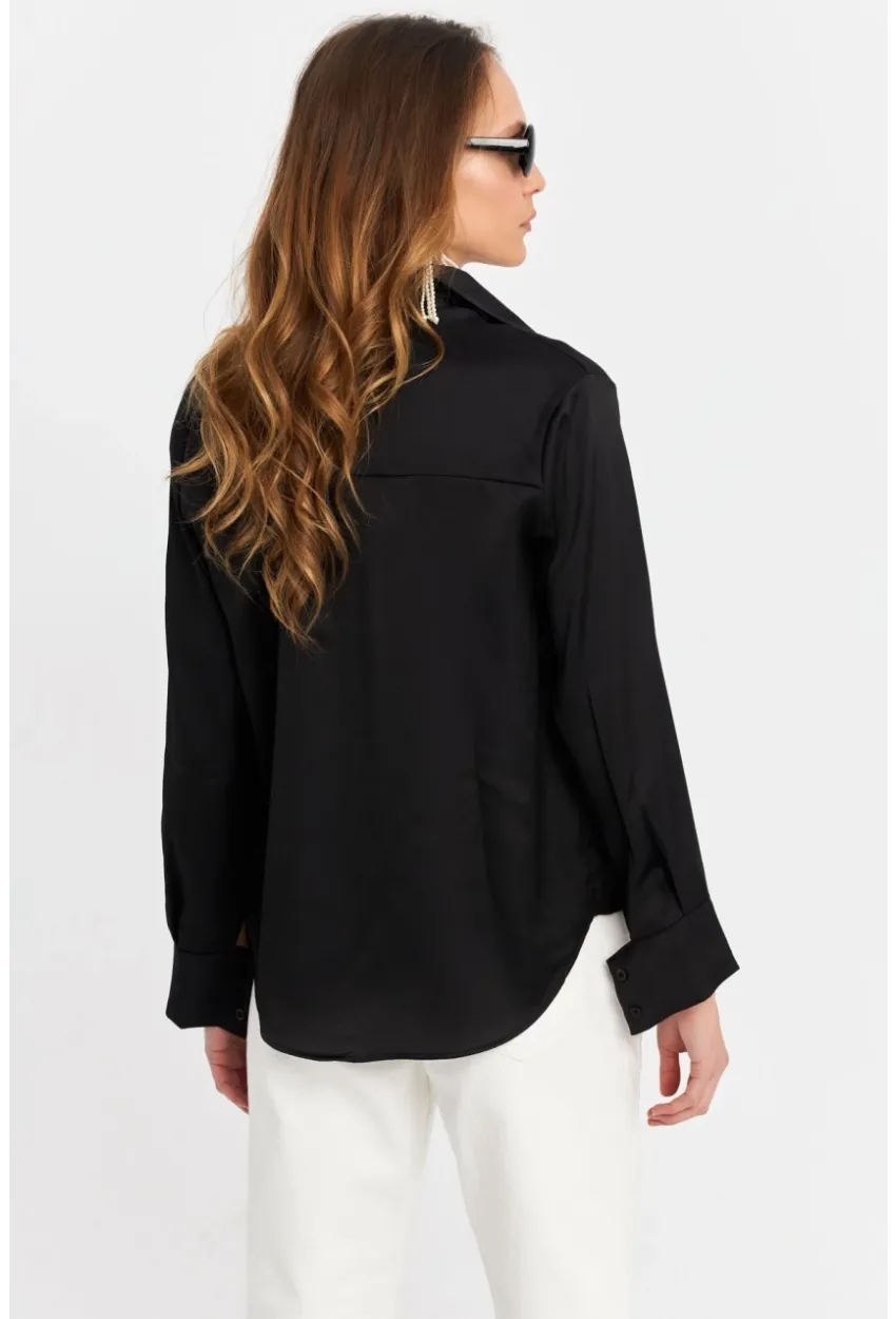 Kadın Siyah Saten Gömlek ELT8051