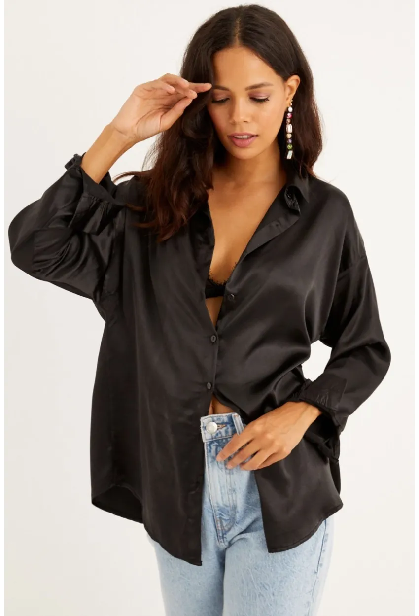 Kadın Siyah Saten Gömlek SF1285