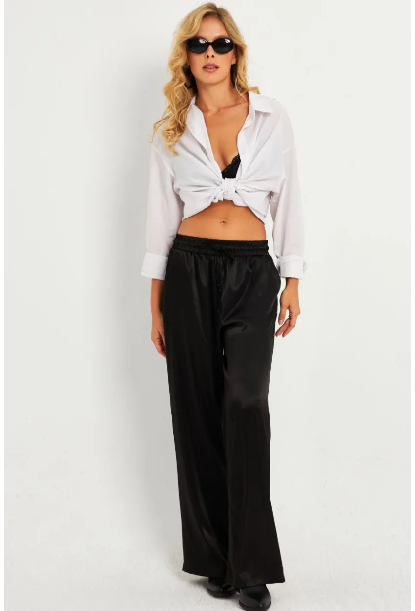Kadın Siyah Saten Palazzo Pantolon DMR356