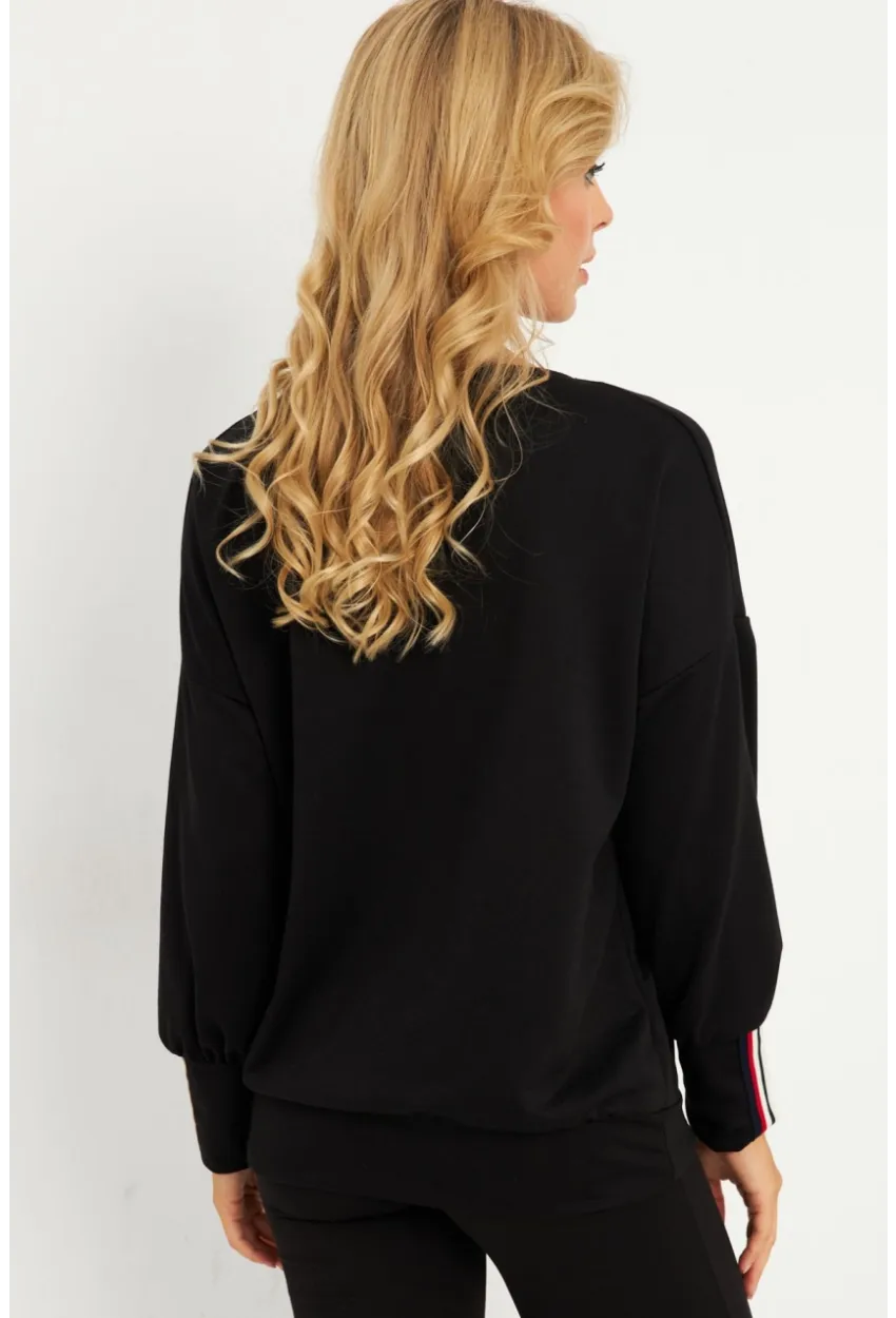 Kadın Siyah Şerit Detaylı V Yaka Sweatshirt  EY2905