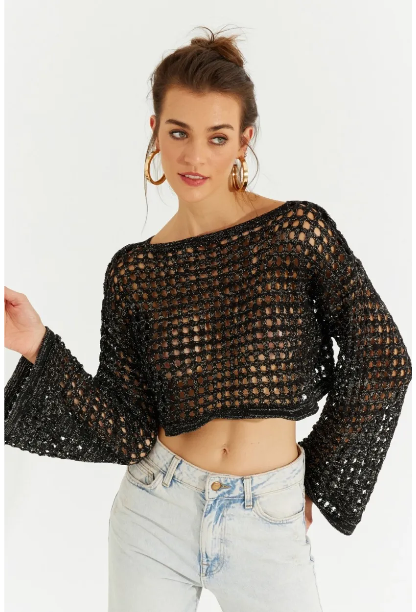 Kadın Siyah Simli Ajurlu Triko Kısa Bluz YV141