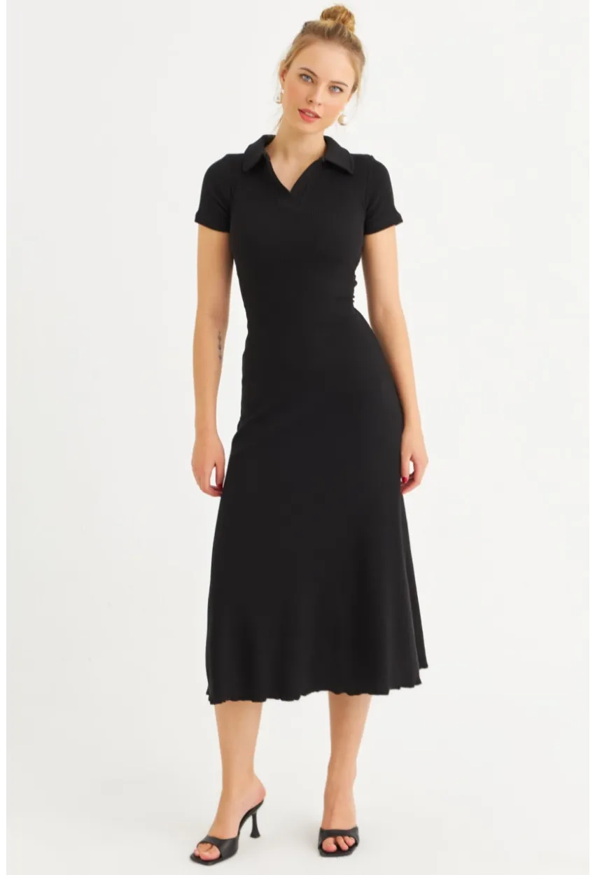 Kadın Siyah Sırt Bağlamalı Kaşkorse Midi Elbise MFRY0001