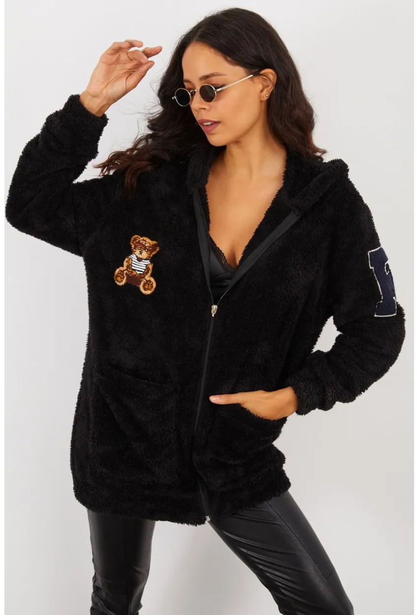 Kadın Siyah Sırt Baskılı Kapüşonlu Peluş Mont BK231123