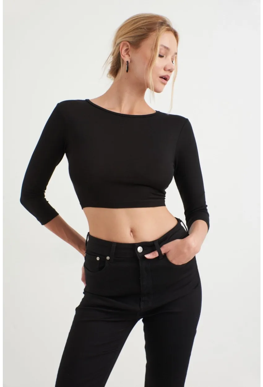 Kadın Siyah Sırt Dekolteli Bağlamalı Crop Bluz EY1037