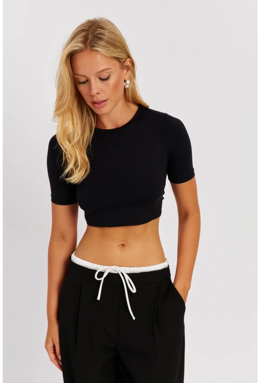 Kadın Siyah Sırt Dekolteli Crop Bluz CY450