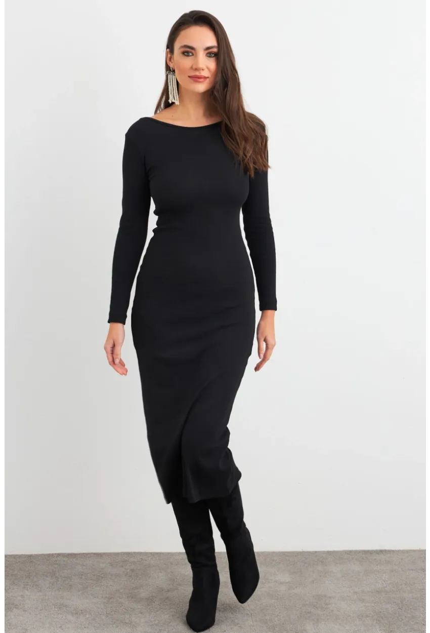 Kadın Siyah Sırt Dekolteli Kaşkorse Midi Elbise EY3029