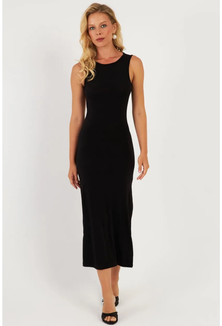 Kadın Siyah Sırt Dekolteli Midi Elbise DMR692