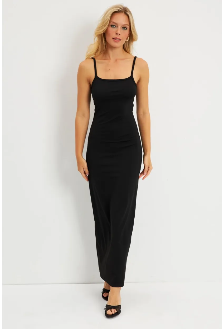 Kadın Siyah Sırt Dekolteli Midi Elbise EY2798