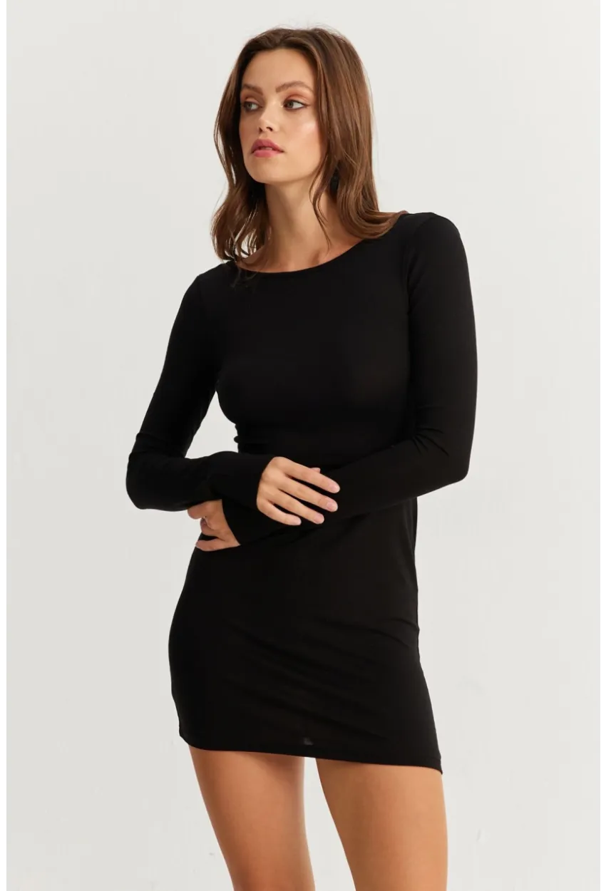 Kadın Siyah Sırt Dekolteli Mini Elbise HOR36