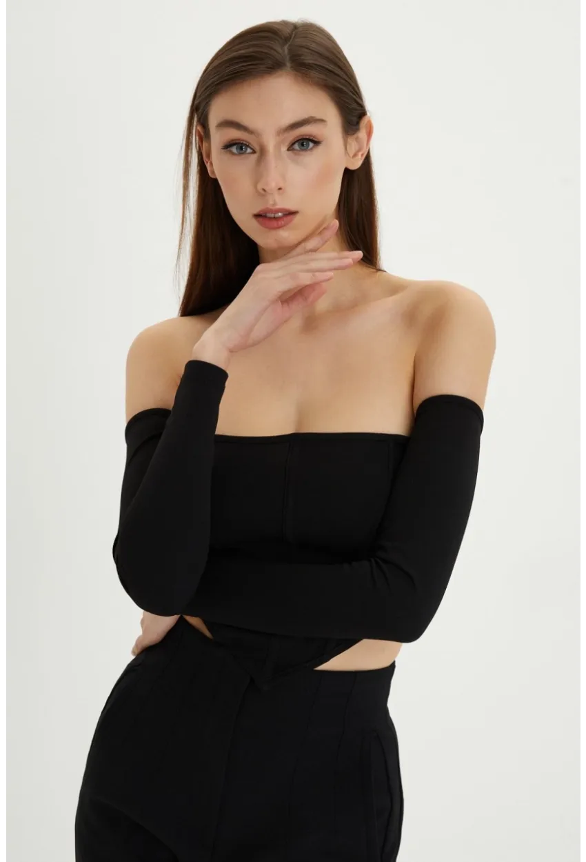 Kadın Siyah Sırt Fermuarlı Crop Bluz B518