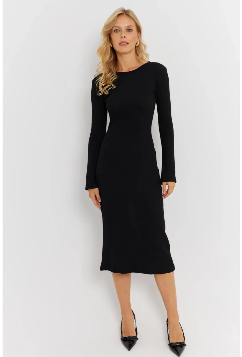 Kadın Siyah Sırt Pencereli Yırtmaçlı Kaşkorse Midi Elbise EY2874