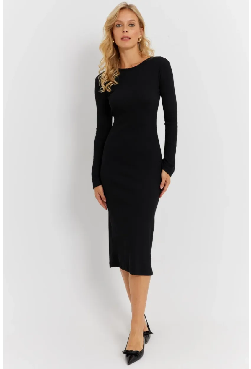 Kadın Siyah Sırt Pencereli Yırtmaçlı Kaşkorse Midi Elbise EY2874