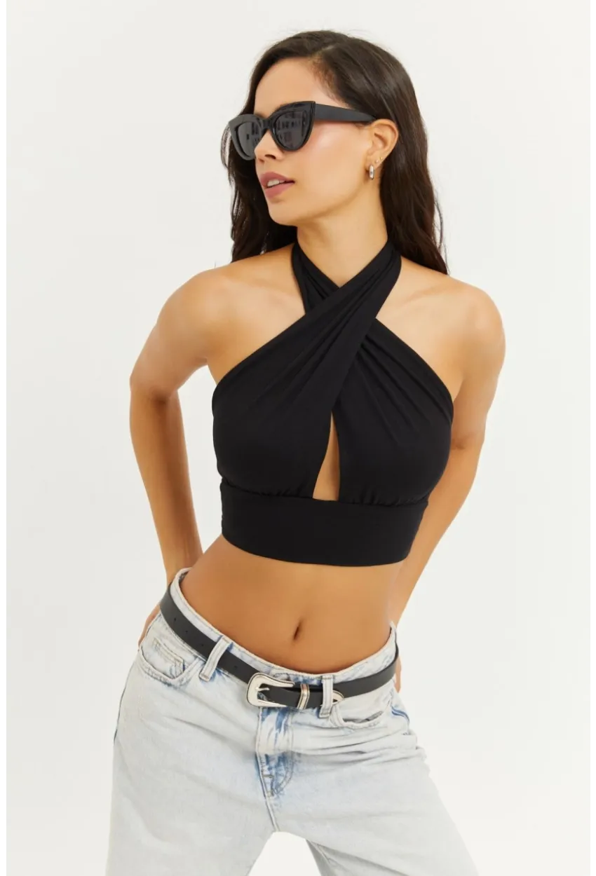 Kadın Siyah Sırt Ve Boyun Bağlamalı Bluz EY1472