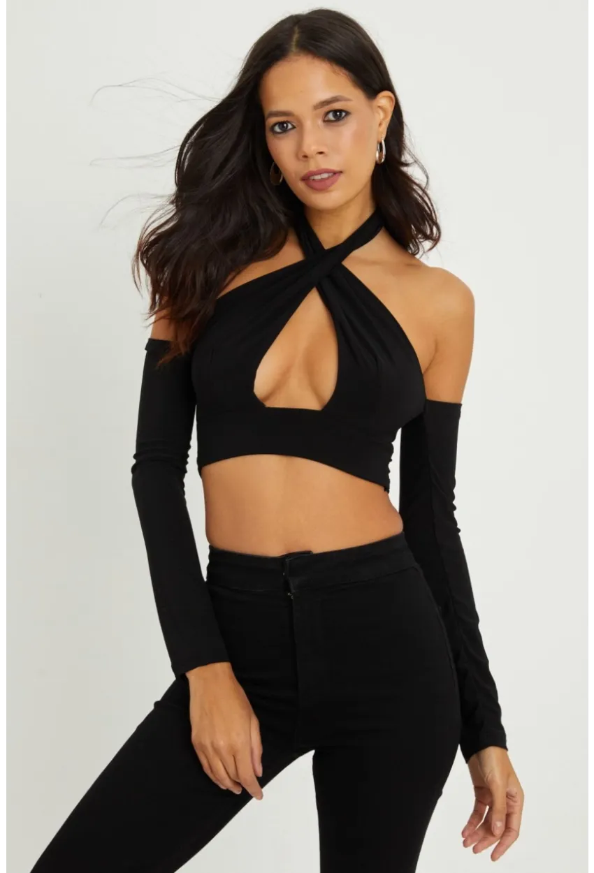 Kadın Siyah Sırtı Açık Crop Bluz B1729