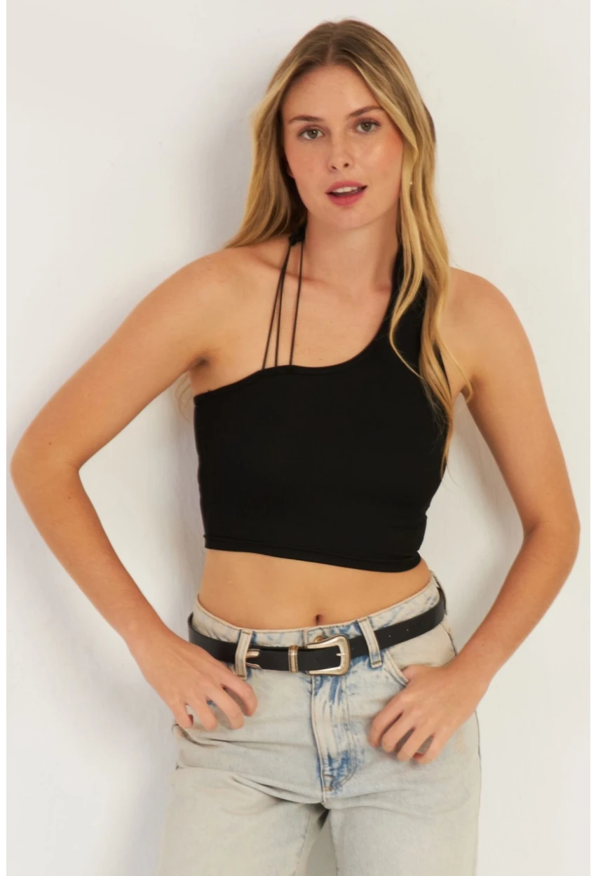 Kadın Siyah Sırtı Açık Crop Bluz CG345