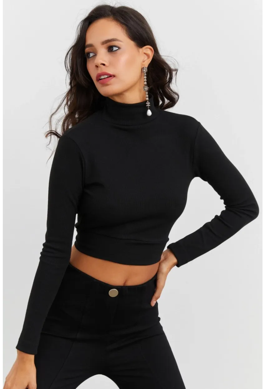 Kadın Siyah Sırtı Açık Crop Bluz EY1512