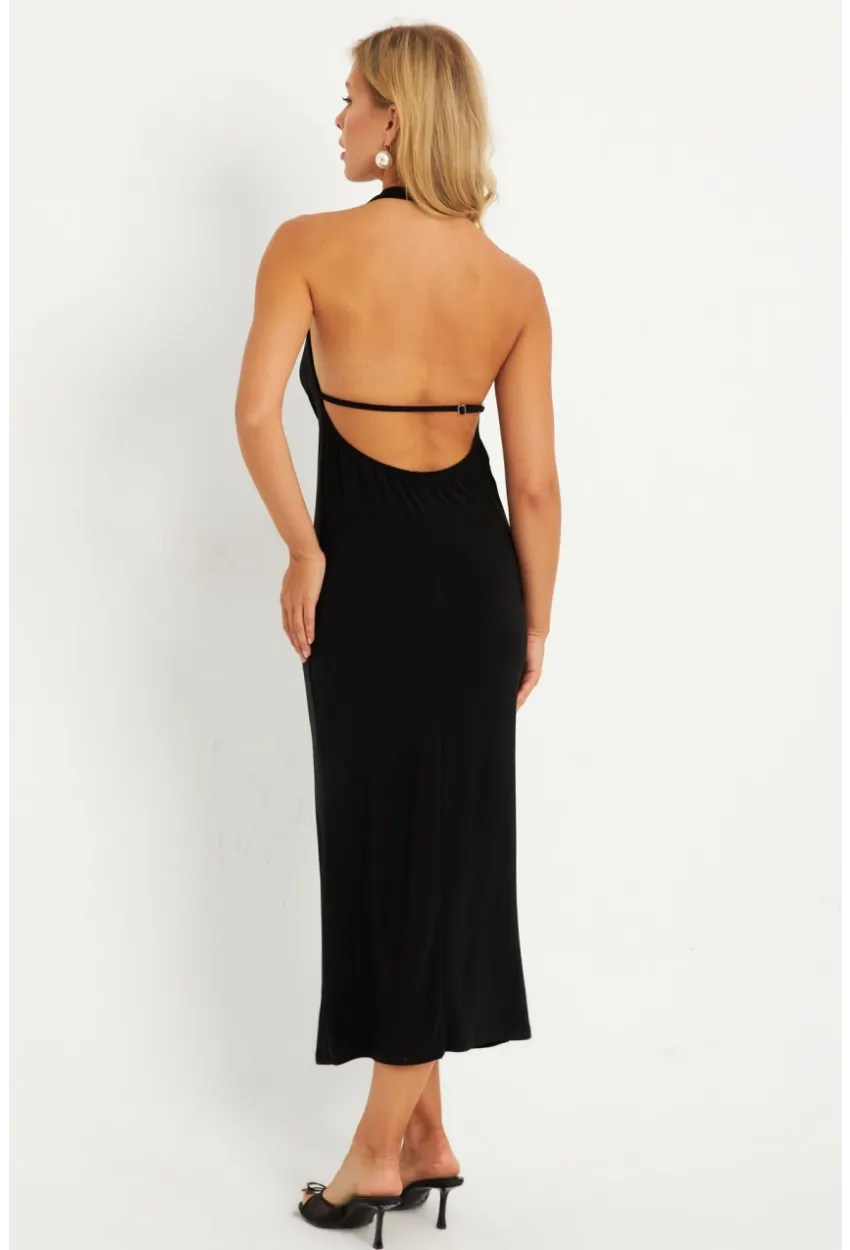 Kadın Siyah Sırtı Açık Degaje Midi Yılbaşı Elbise GÇ177