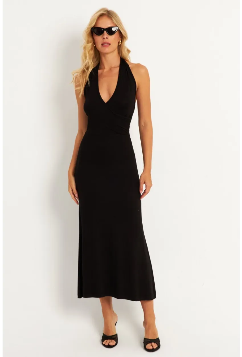 Kadın Siyah Sırtı Açık Kruvaze Midi Elbise EY2841