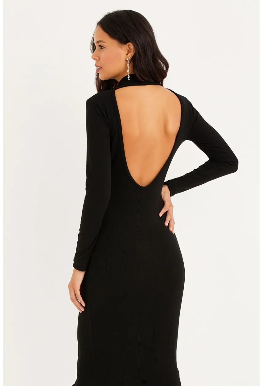 Kadın Siyah Sırtı Açık Midi Elbise EY1367