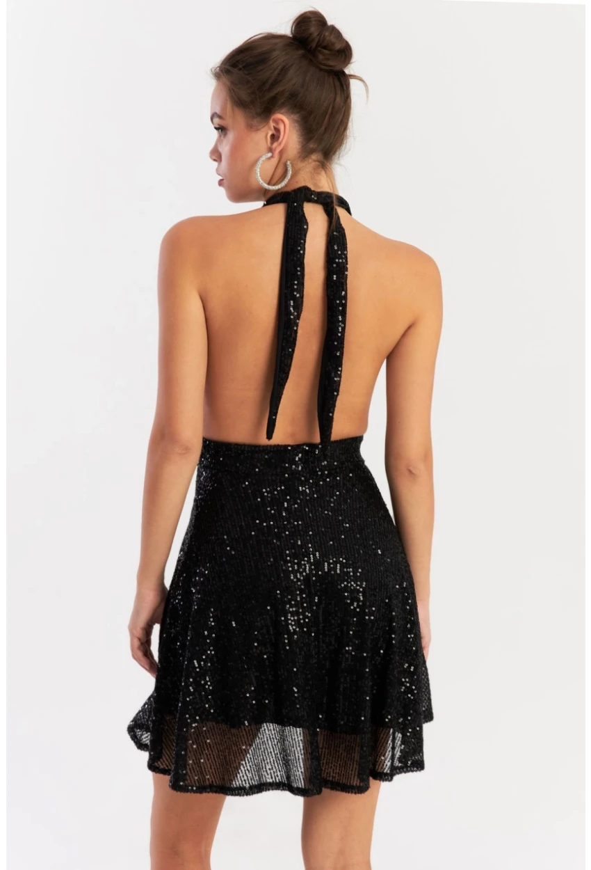 Kadın Siyah Sırtı Açık Payetli Astarlı Mini Elbise Dcf046