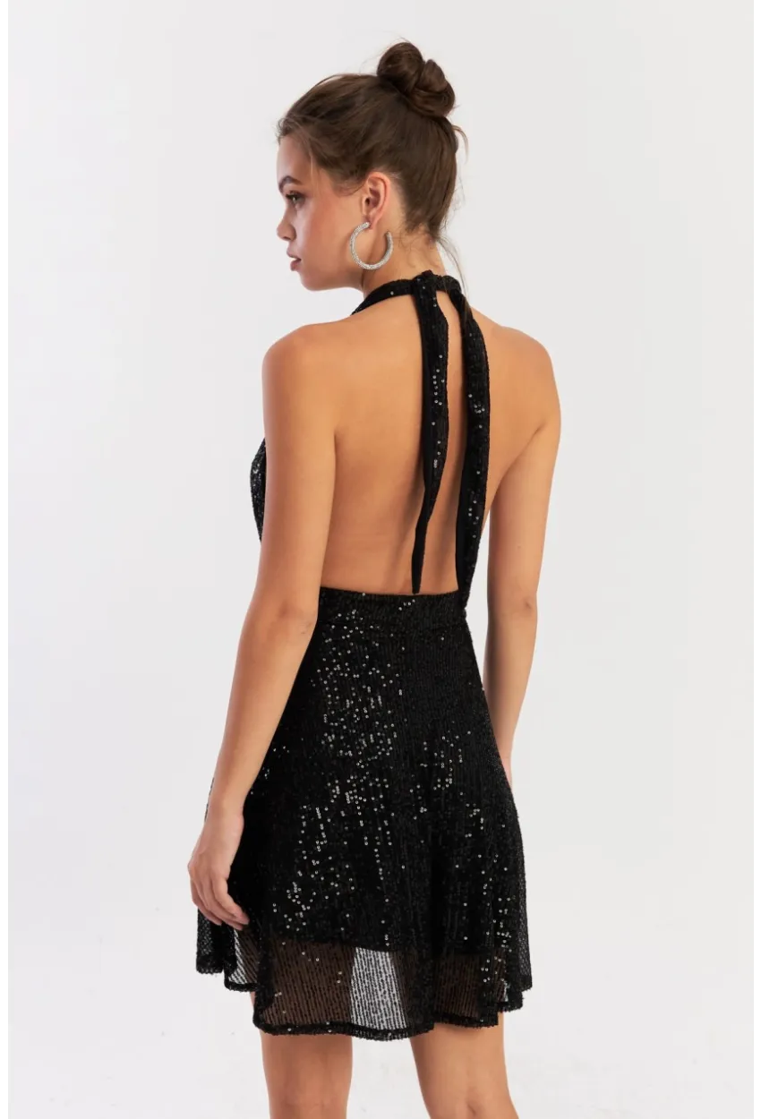 Kadın Siyah Sırtı Açık Payetli Astarlı Mini Elbise Dcf046