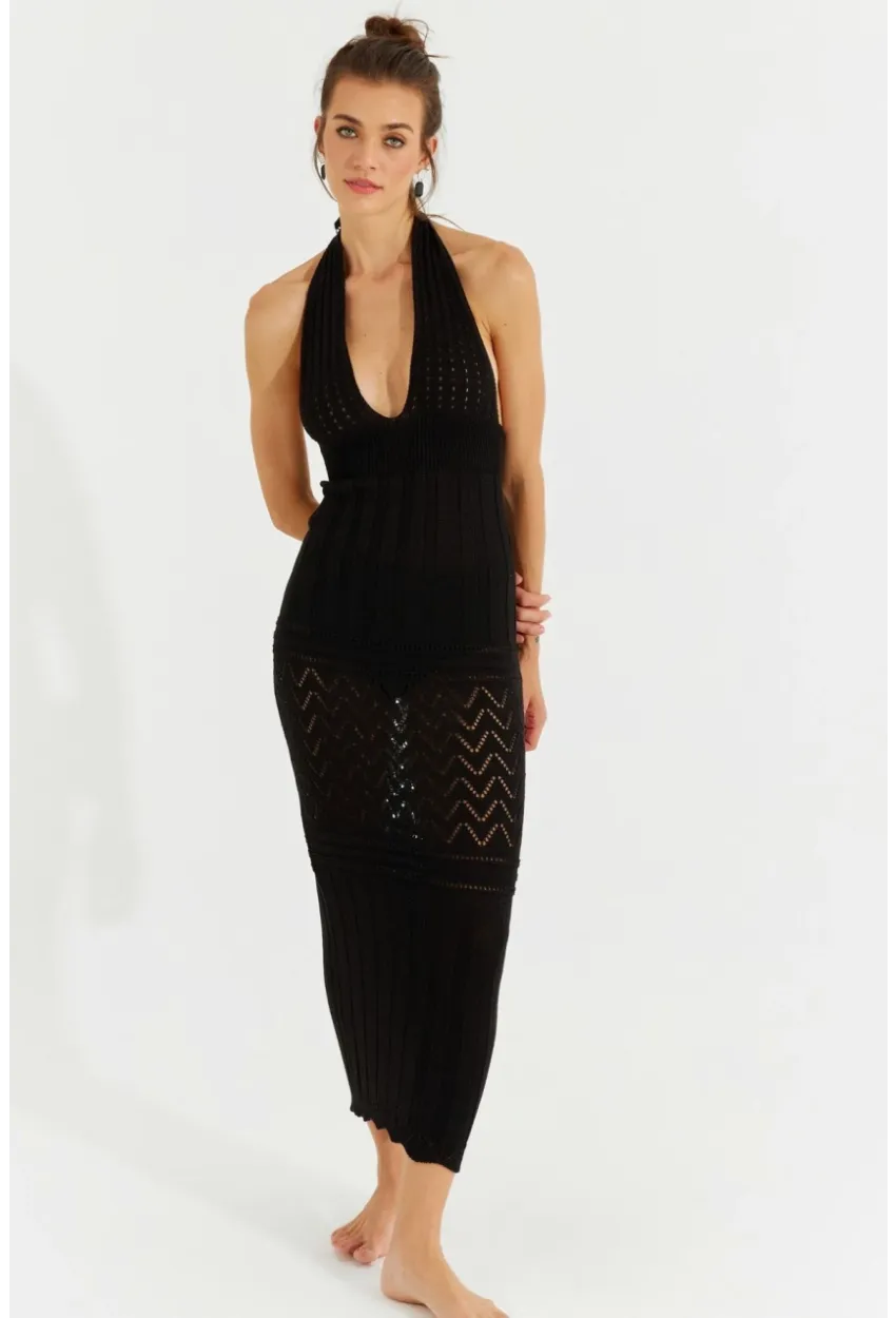 Kadın Siyah Sırtı Açık Triko Maxi Elbise SF2505